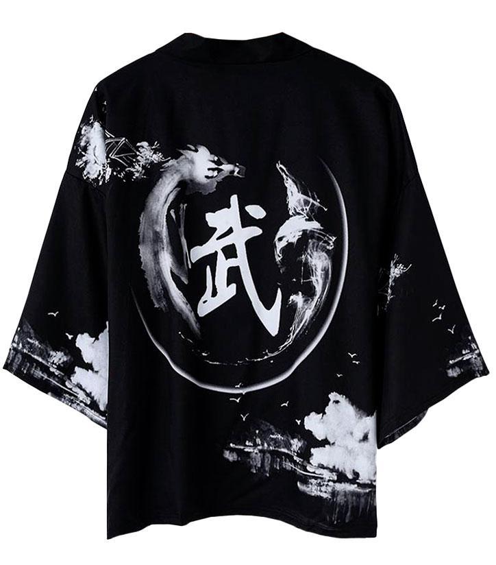 Dragon Kimono Black And White Kanji Polyester