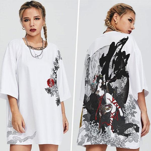 Dragon Tshirt Japanese Geisha Streetwear Style
